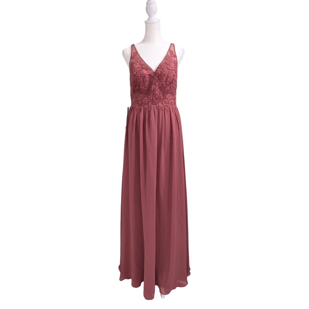 Azazie Desert Rose Lace Chiffon Cut-out Back Maxi Bridesmaid Dress Size A6 *READ